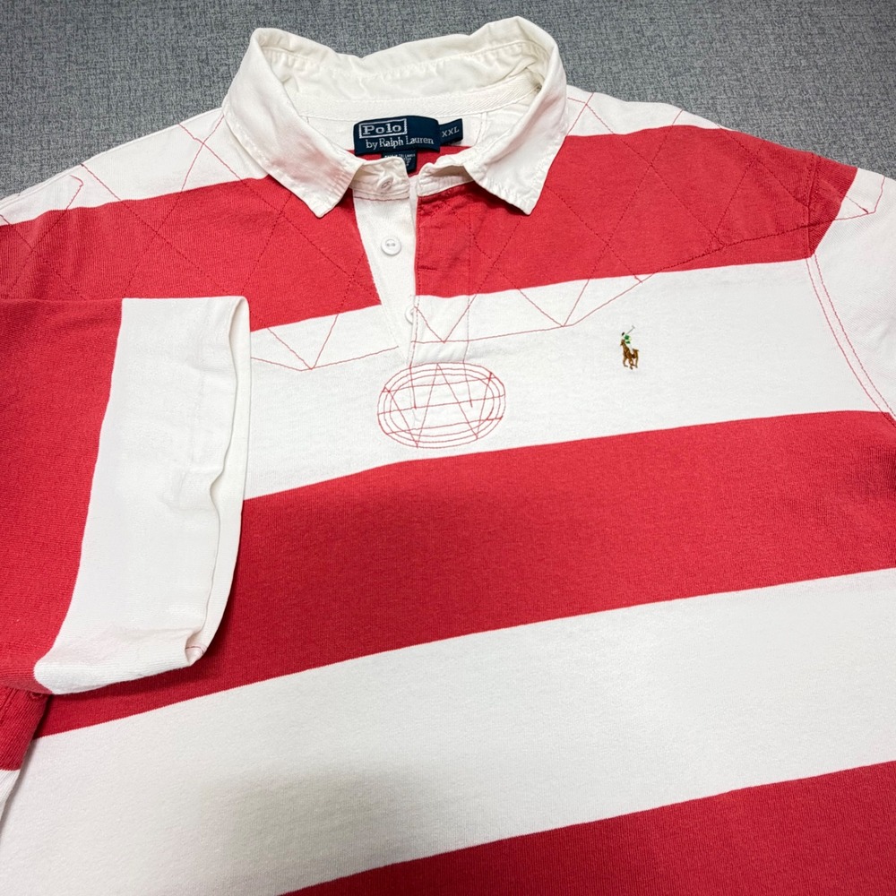 Vintage Polo Ralph Lauren Rugby Shirt Mens XXL Red White Stripe Quilted Yoke